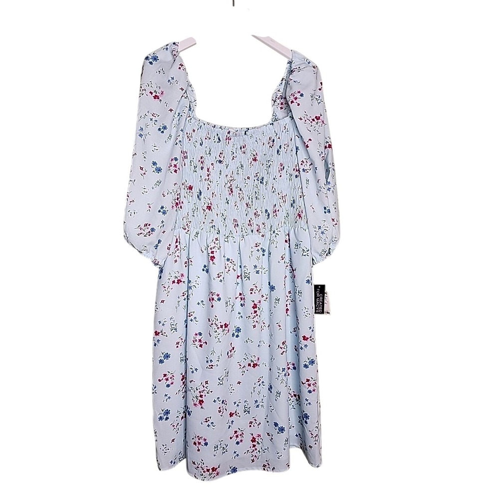 Bar III Dress Medium Blue‎ Floral Puff Sleeve Smocked Cottagecore Peasant Boho
